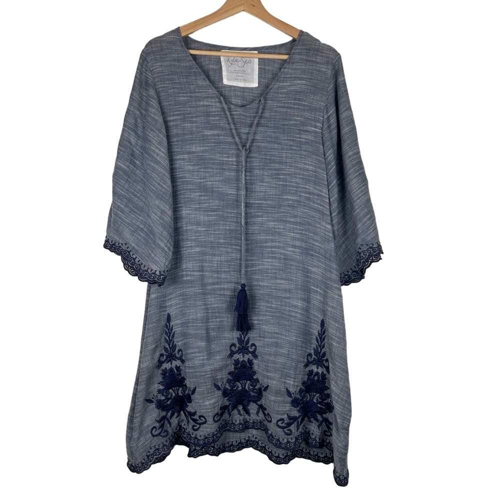 Kyla Seo Womens Tunic Small Blue Scalloped Bell Sleeve Embroidery Boho Anthro